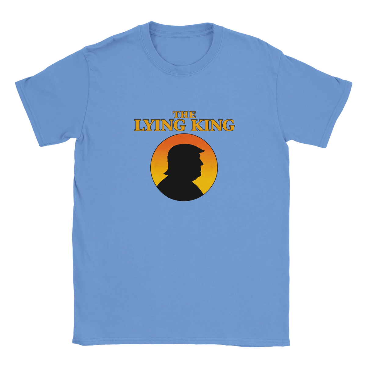 Ljusblå t-shirt med The LYING KING-tryck och orange rundel med profil