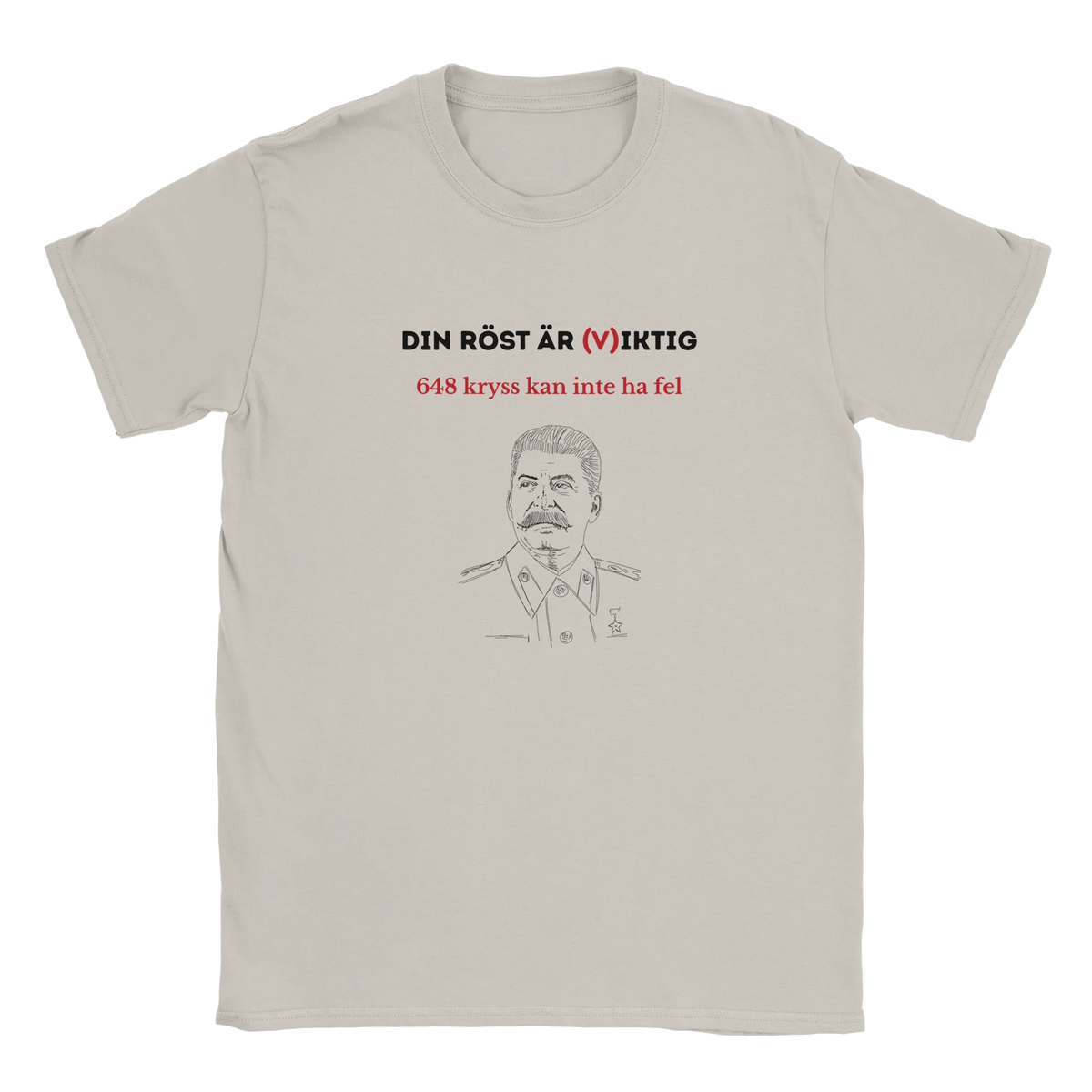 Ljusgrå t-shirt med tryck “DIN RÖST ÄR (V)IKTIG” och porträttritning framtill.