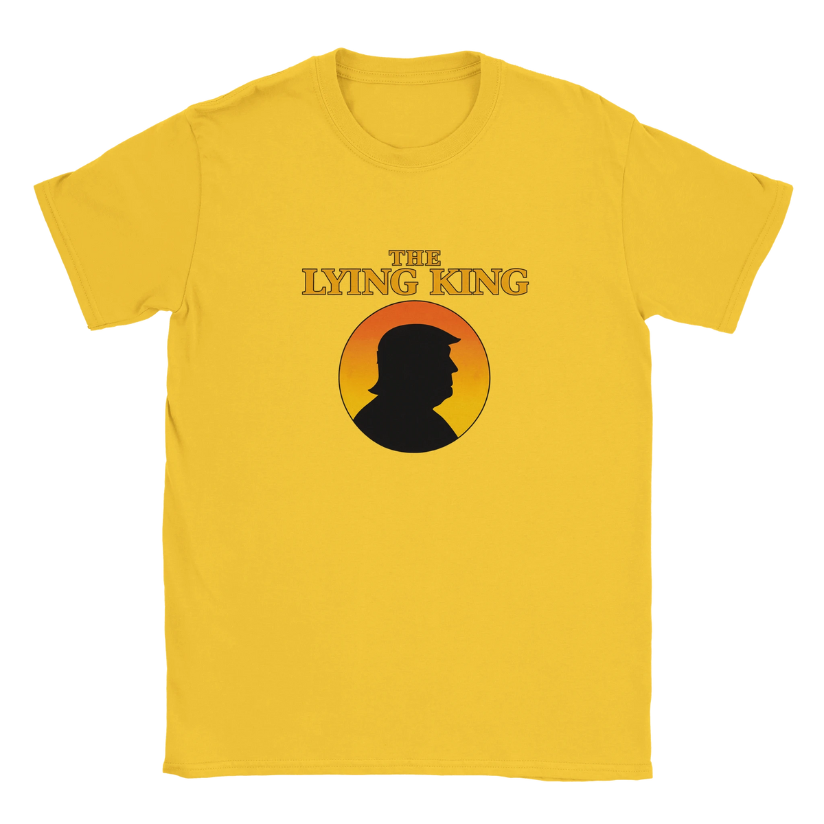 Gul t-shirt med The LYING KING-tryck och orange rundel med profil