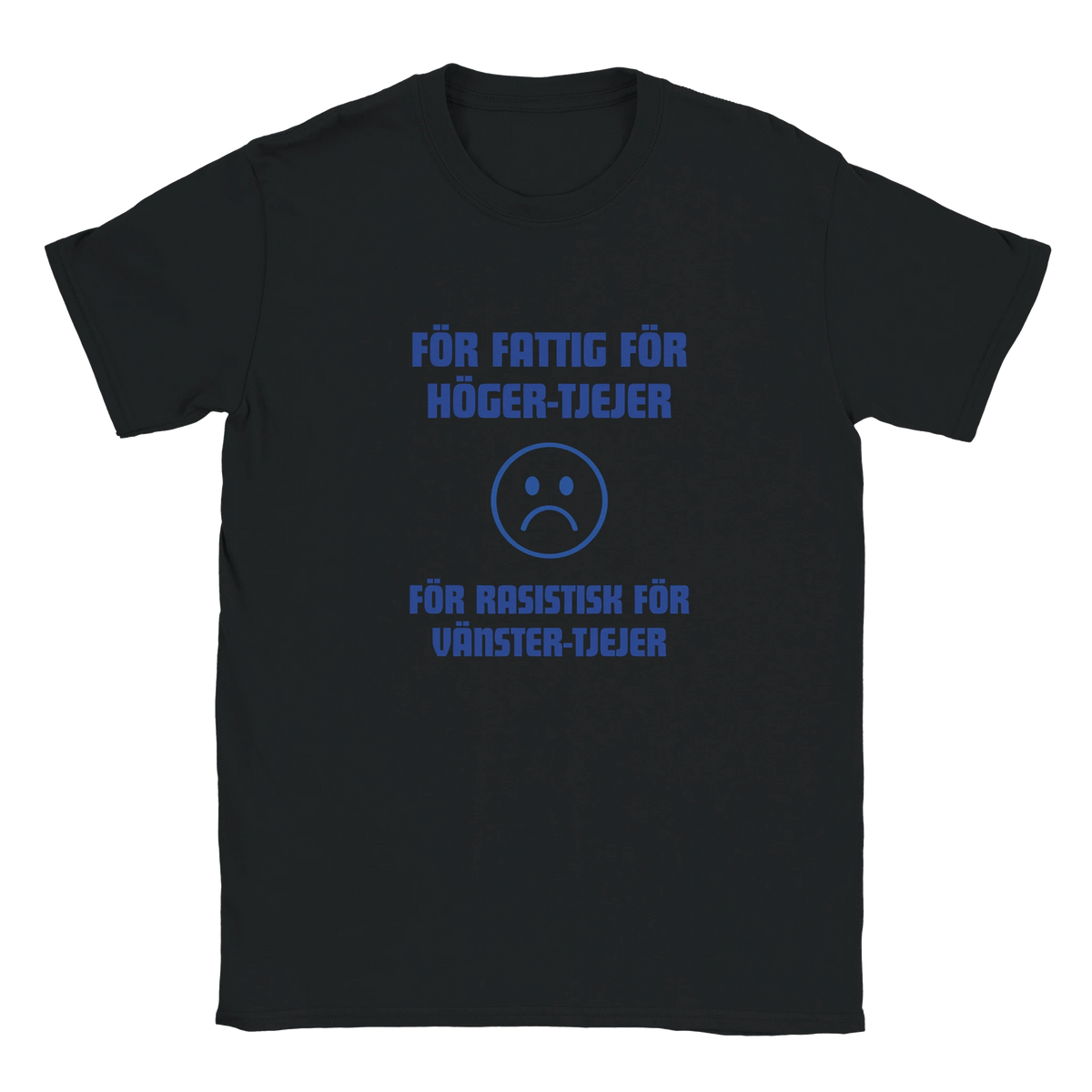 Svart t-shirt med blått text- och symboltryck fram