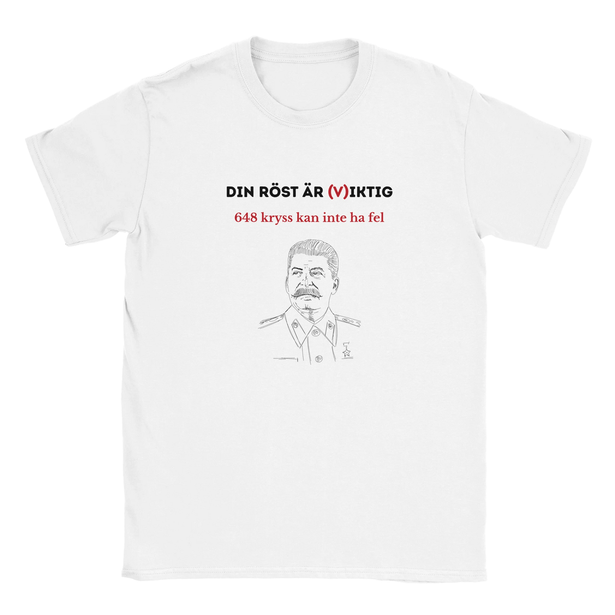 Vit t-shirt med tryck “DIN RÖST ÄR (V)IKTIG” och porträttritning framtill.