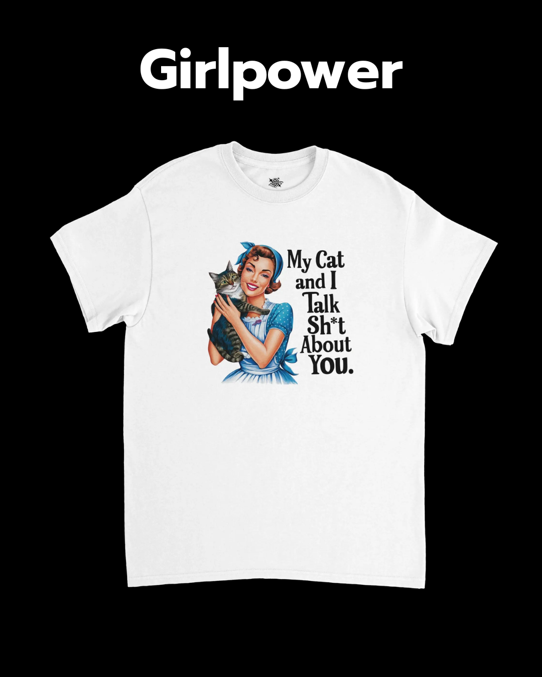 Bilden visar en tröja med ett feministiskt retro motiv. En fin tröja.