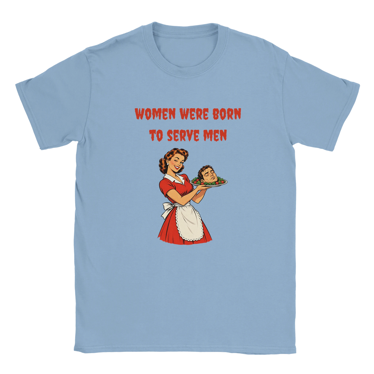 Ljusblå dam t-shirt med röd text och illustration fram