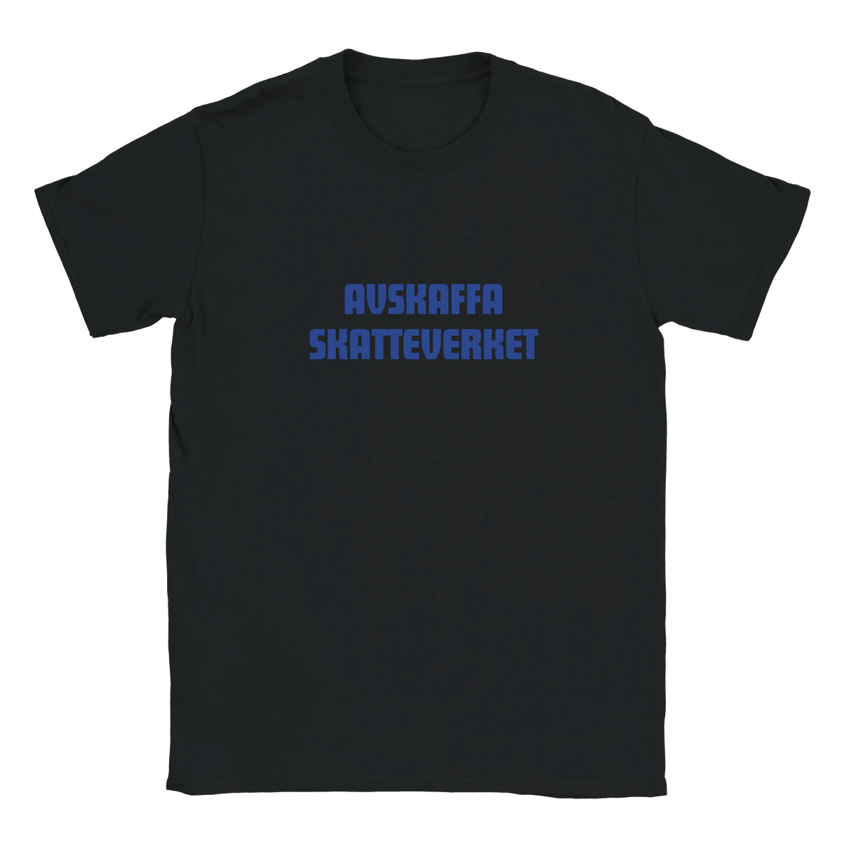 Svart t-shirt med blått tryck "AVSKAFFA SKATTEVERKET".
