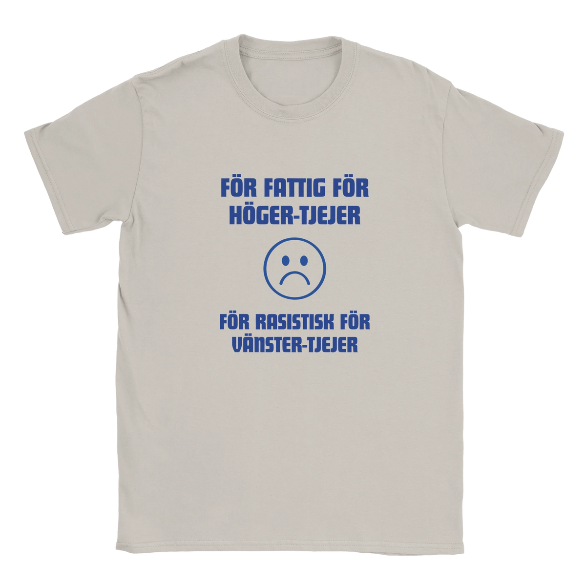 Ljusgrå t-shirt med blått text- och symboltryck fram