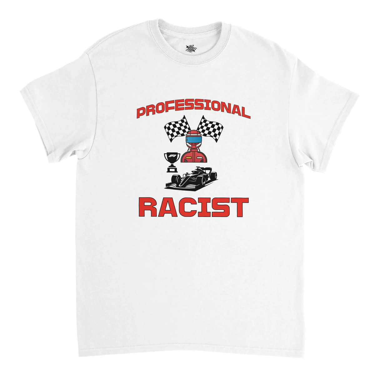 Vit t-shirt med röd och svart grafiskt tryck framtill