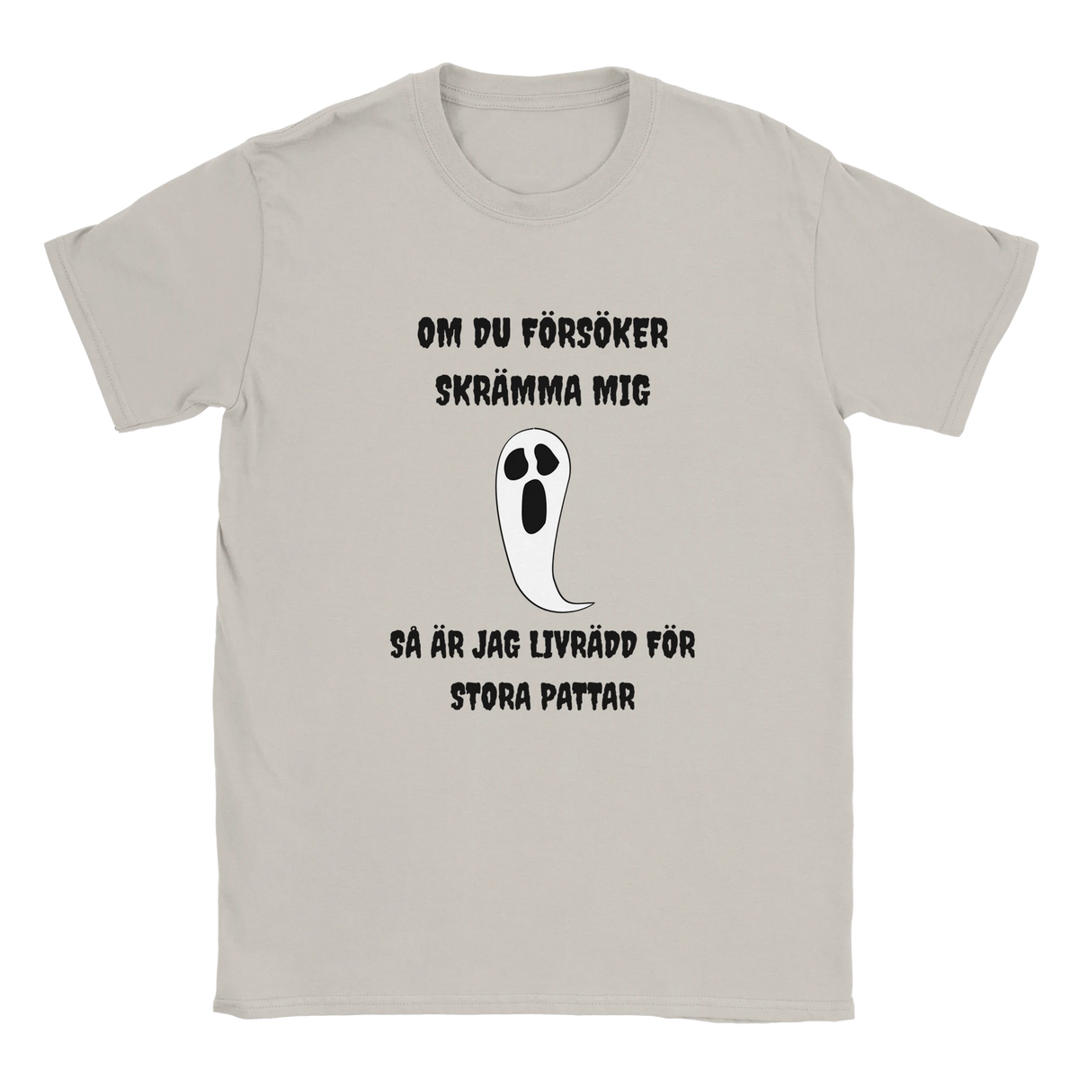 Ljusgrå t-shirt med spöktryck och texten ”Om du försöker skrämma mig”