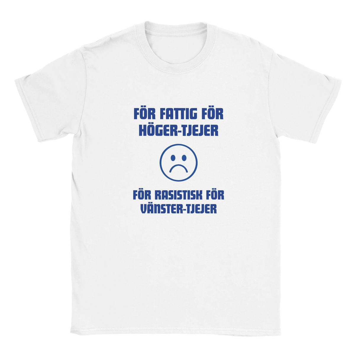 Vit t-shirt med blått text- och symboltryck framtill