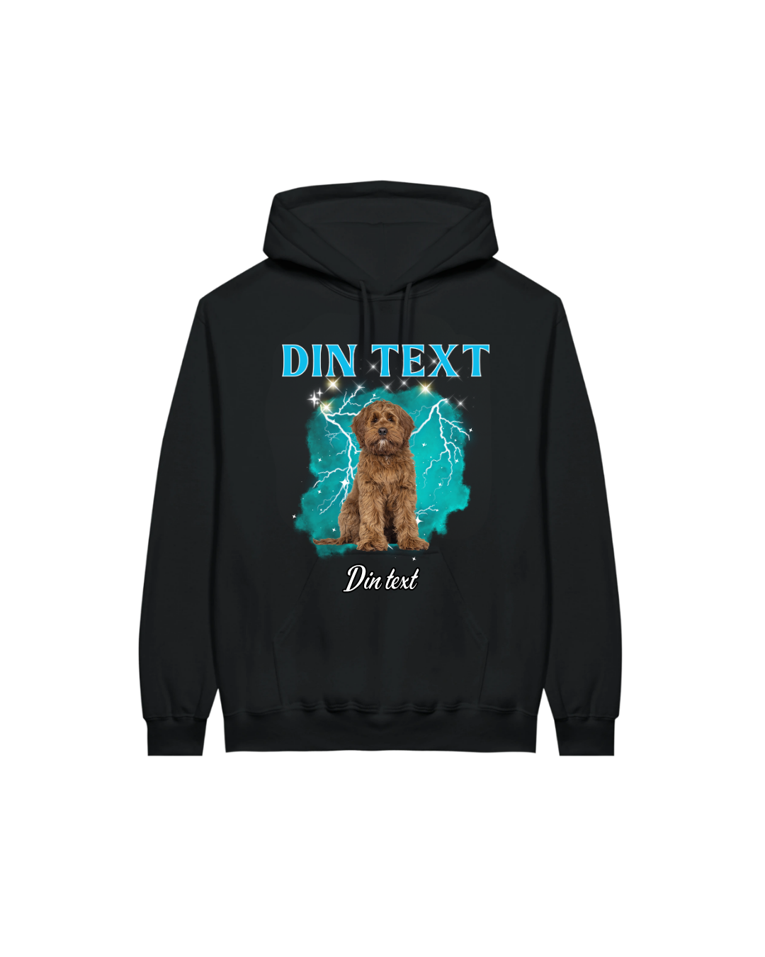 Svart huvtröja med luva och tryck av hund med turkost text fram
