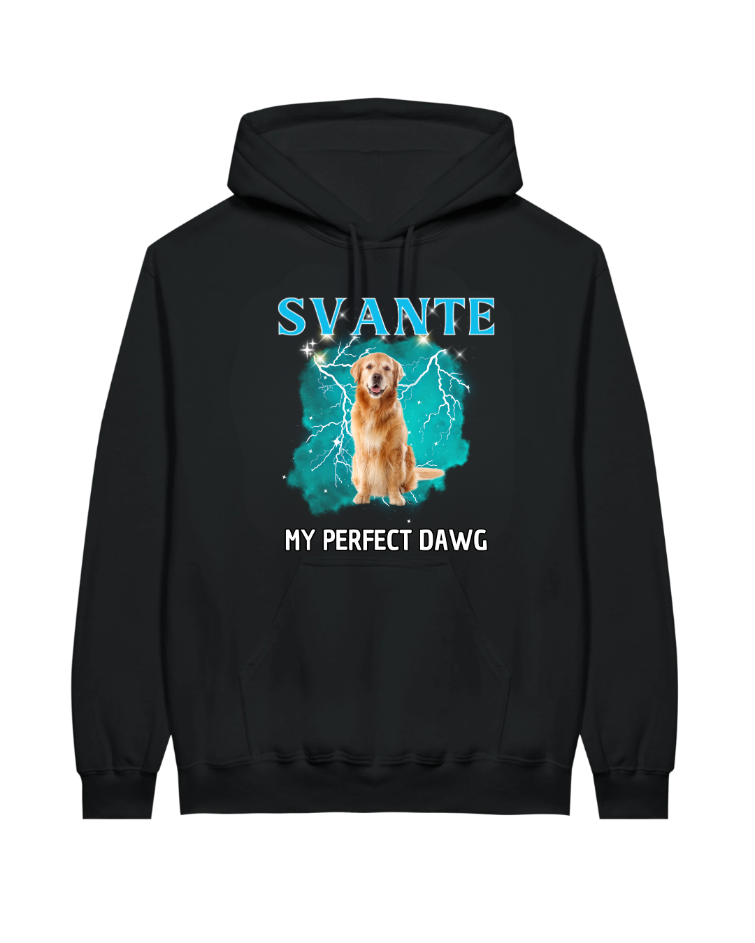 Svart hoodie med luva, framtill tryck med hund och text